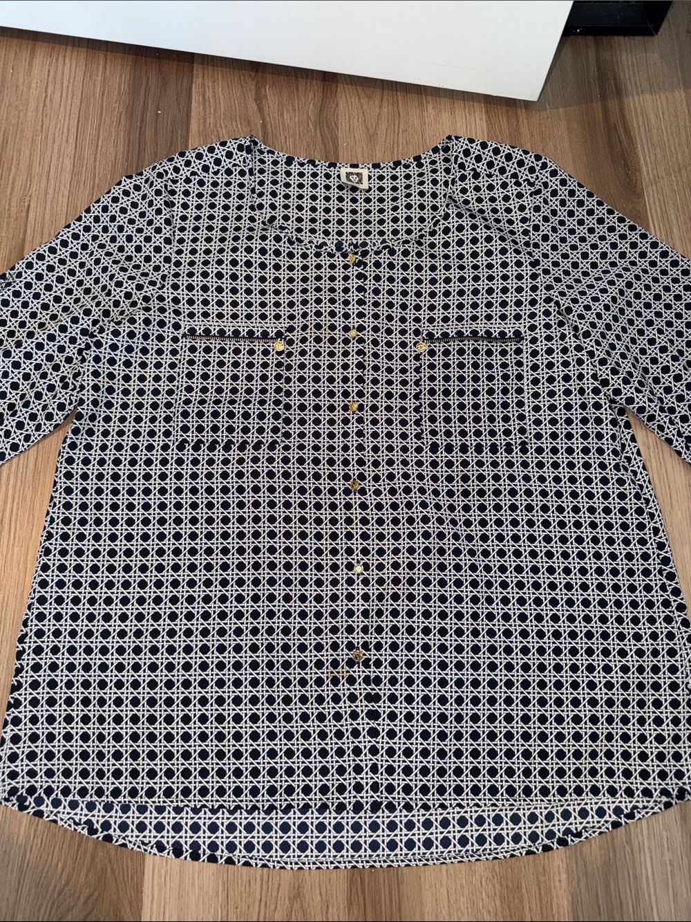 Anne Klein Navy and White Geometric Button-Front Shirt